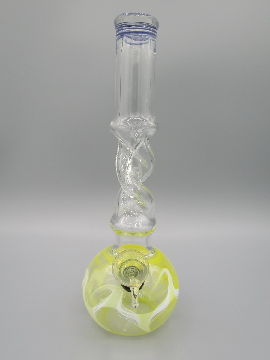 Front view 10" raked glass, spiral neck water bong in yellow.