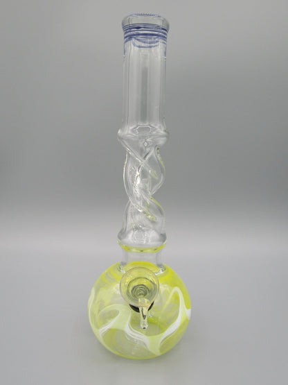 Front view 10" raked glass, spiral neck water bong in yellow.