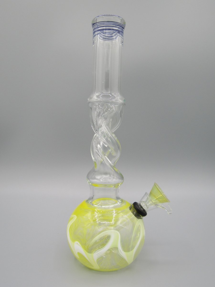 Right side view 10" raked glass, spiral neck water bong in yellow.