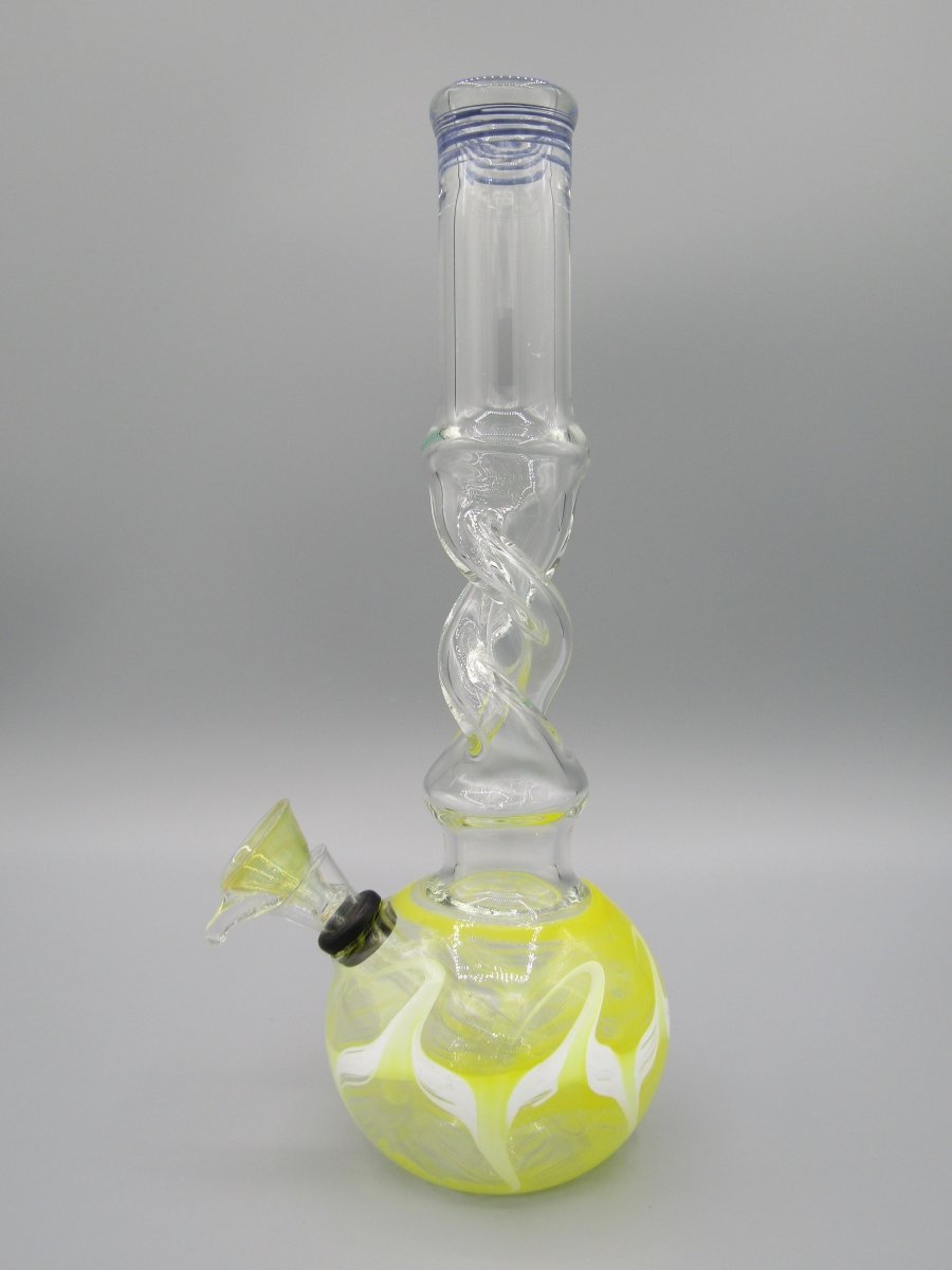 Left side view 10" raked glass, spiral neck water bong in yellow.