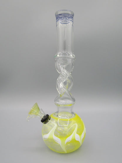 Left side view 10" raked glass, spiral neck water bong in yellow.